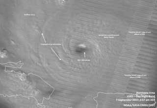 At 2:57 a.m. AST/EDT on Sept. 7, Suomi NPP's Day Night Band imagery and the waning gibbous moon highlighted the convection around Irma's eye, and tropospheric gravity waves were present around the well-defined eye wall.