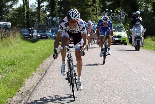 Nicki S&ouml;rensen (Team Saxo Bank) attacks his six breakaway companions with 22 kilometres remaining.