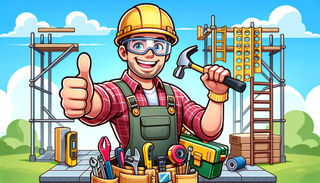 A cartoon-style image of a cheerful builder giving a thumbs up. The builder is wearing a hard hat, safety goggles, and a tool belt loaded with tools like a hammer, tape measure, and screwdriver.