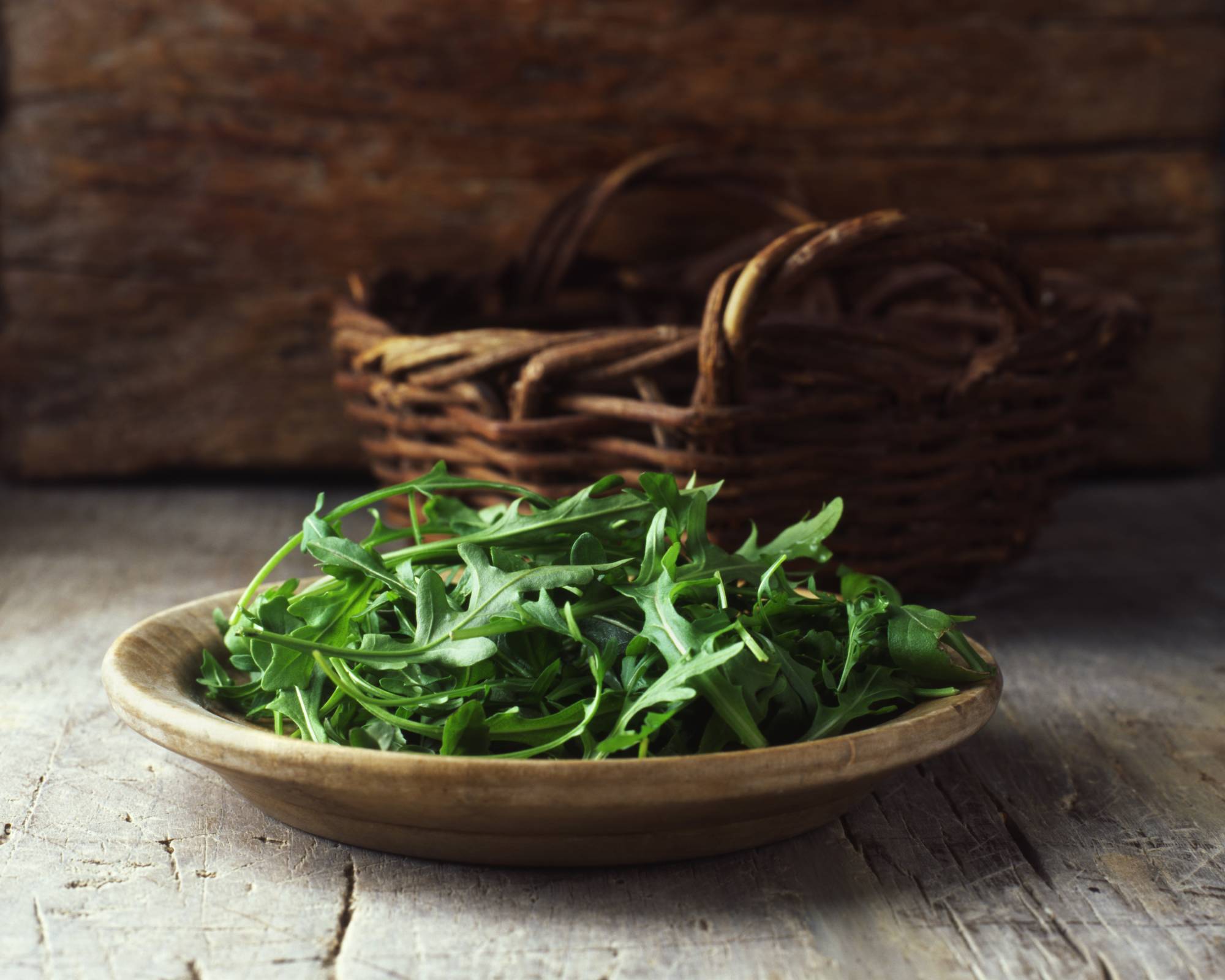 Arugula on plate in kitchen