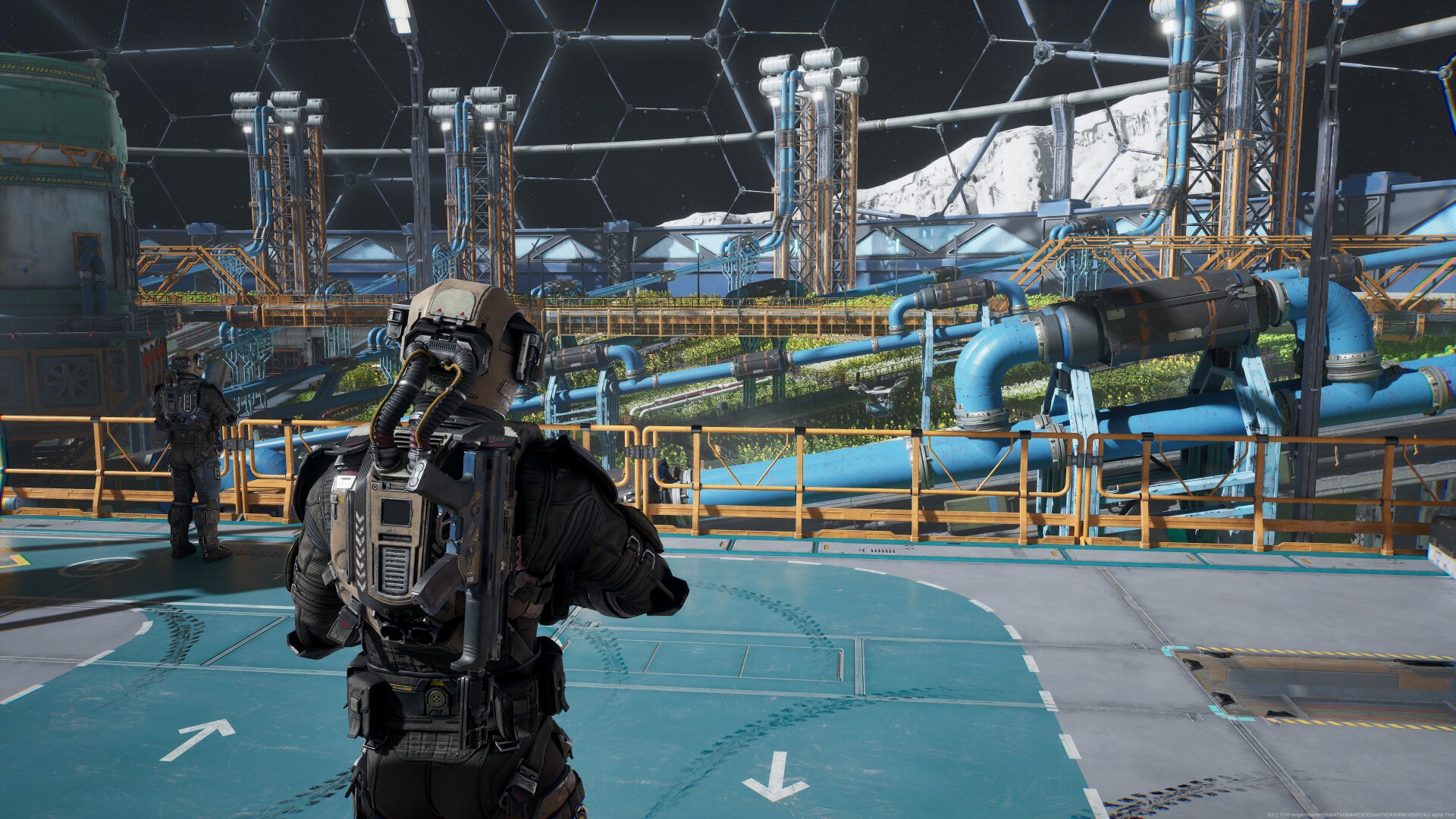 لقطة شاشة من لعبة فيديو الخيال العلمي The Expanse: Osiris Reborn. يُظهر اللاعب من منظور الشخص الثالث، حيث ينظر عبر مزرعة موجودة داخل قبة حيوية على القمر.