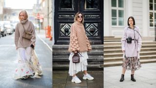 A composite of street style influencers showing how to style oversized sweaters with a dress