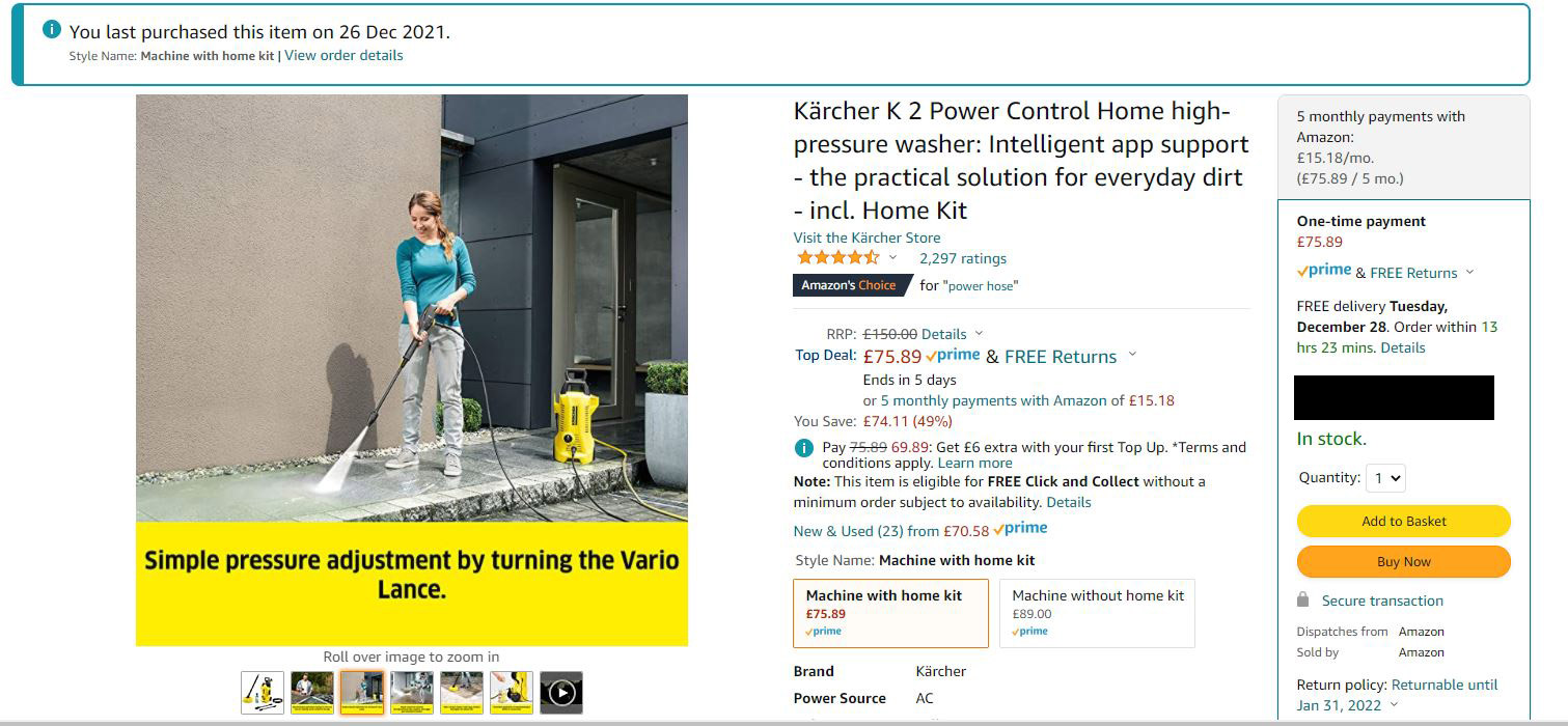 Gareth membeli mesin cuci bertekanan di Amazon