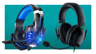 The Bengoo G9000 and Razer BlackShark V2 X gaming headsets on a teal deals background