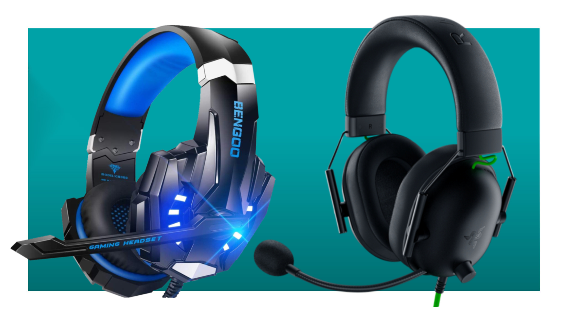 The Bengoo G9000 and Razer BlackShark V2 X gaming headsets on a teal deals background