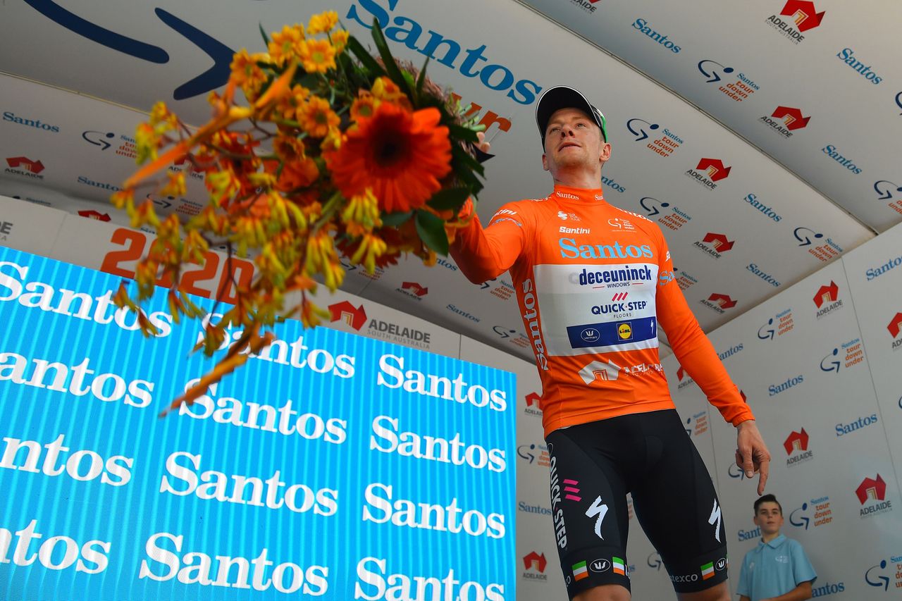 Sam Bennett on the leader's jersey at the Tour Down Under