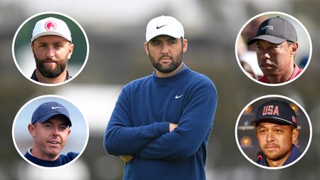 Main photo of Scottie Scheffler with his arms crossed and the faces of Jon Rahm (top left), Rory McIlroy (bottom left), Tiger Woods (top right) and Xander Schauffele (bottom right) around him