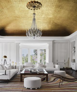 Max Azria's living room with gold ceiling
