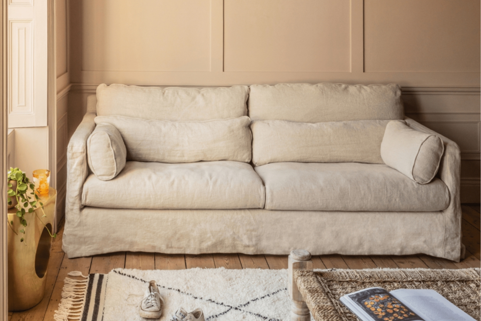 Graham and Green , Jasmine Natural Belgian Linen Three Seater Sofa