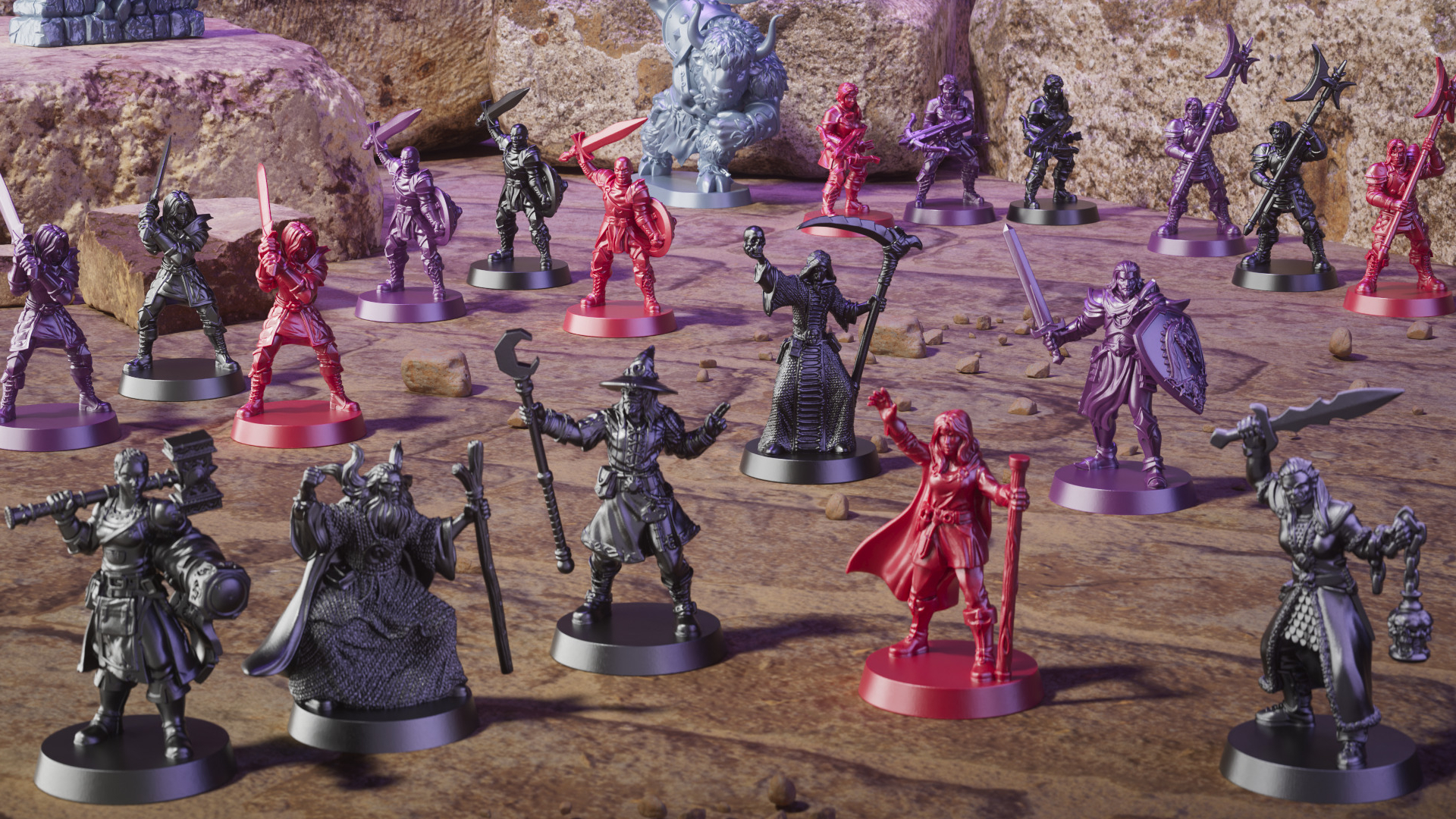 An array of wizard and mercenary miniatures laid out across a rugged stone background