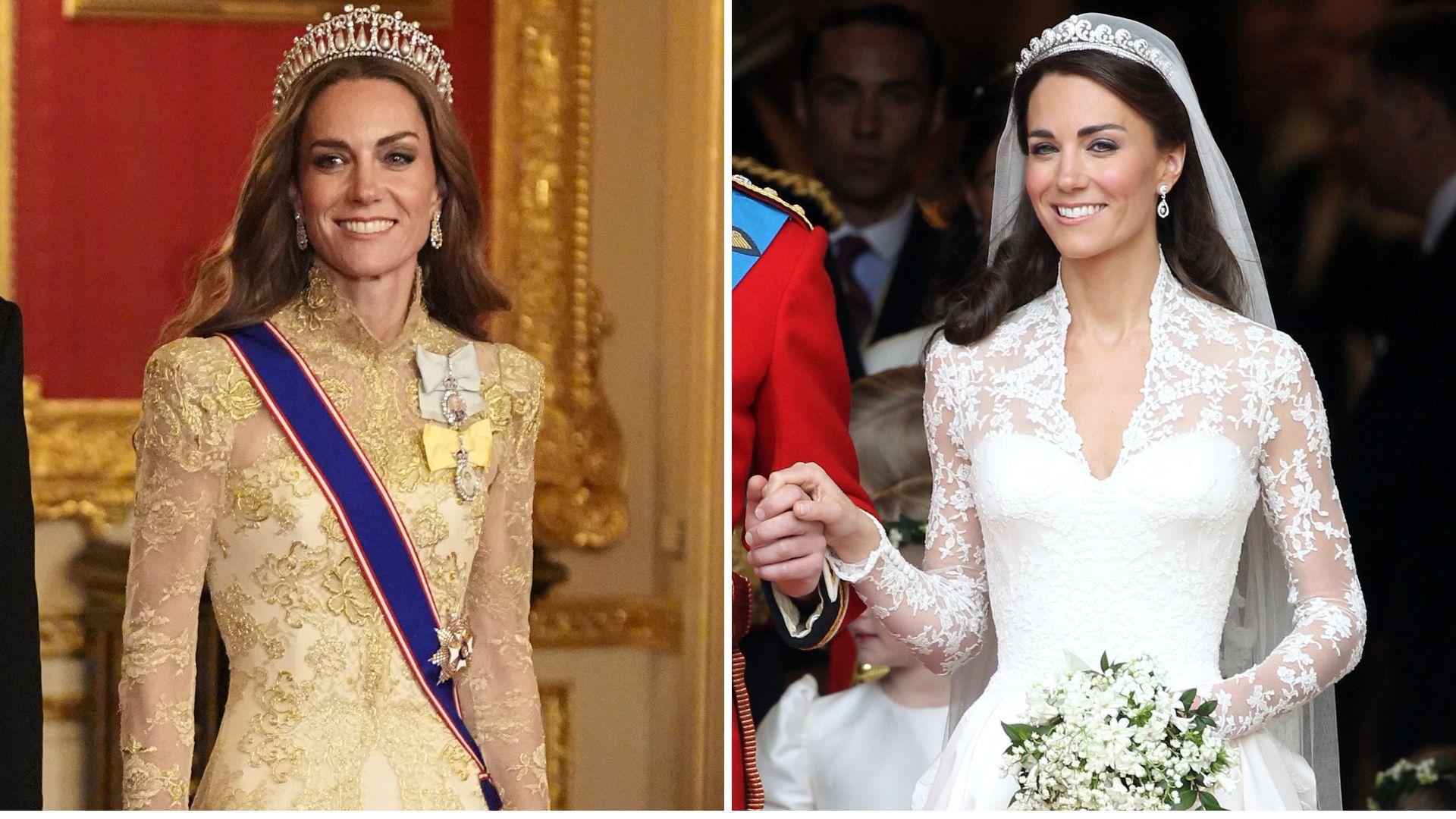 A composite of a picture of Kate Middleton at the 2025 State Banquet and a picture of her on her wedding day in 2011