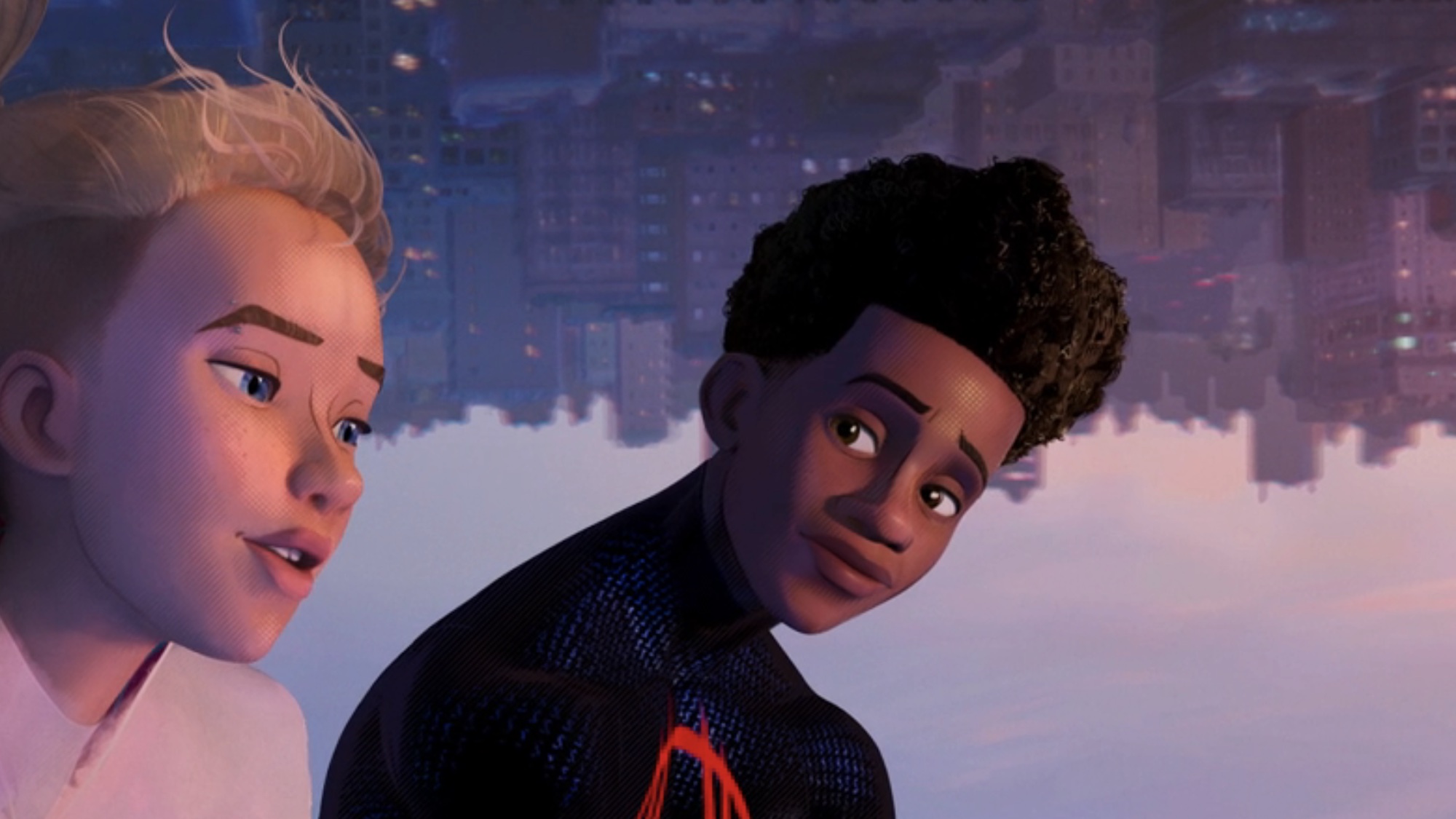 Miles and Gwen talking while upside down in Across the Spider-Verse