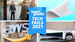 A logo read's 'Tom's Guide Tech Fails 2021' on a blue background. Images around it are (clockwise from top left) Mark Zuckerberg in the Metaverse, Apple Cleaning Cloth, PS5 console and AWS logo