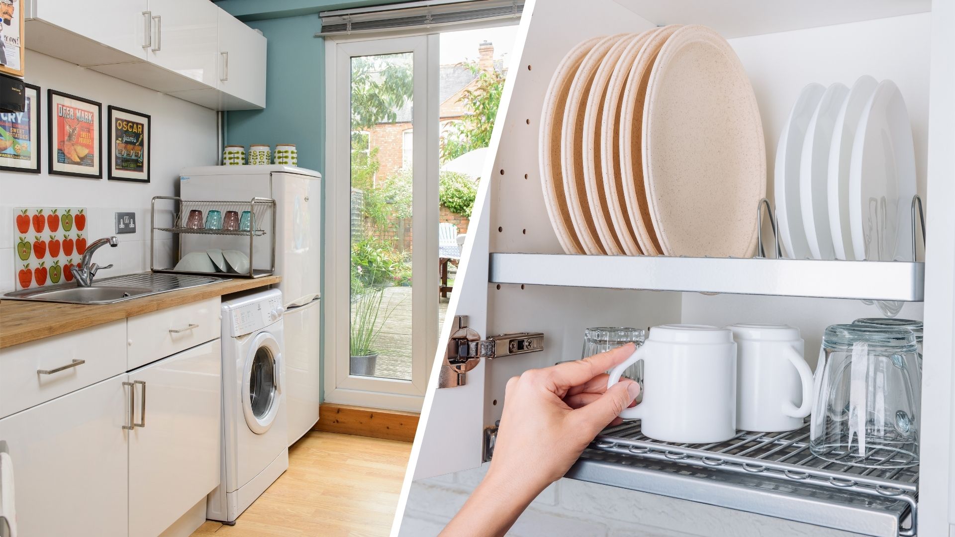 composite of small kitchen and dish rack in cupboard with dishes inside