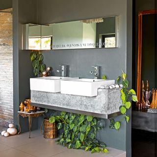 bathroom with grey wall and wash basin