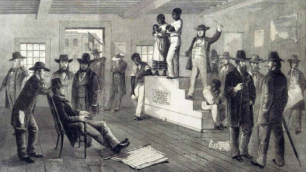 African slaves in the New World could be bought and sold like cattle. The illustration shows a slave auction in Virginia in the United States.