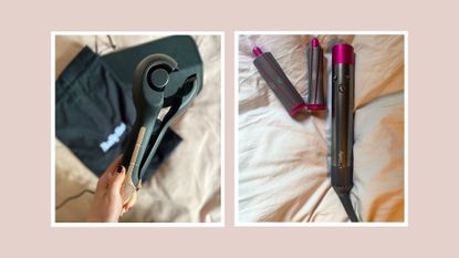 an image of the Babyliss Wave Secret Air hair curler being held by a woman's hand next to the Dyson Airwrap with two curling attachments lying on a pink duvet