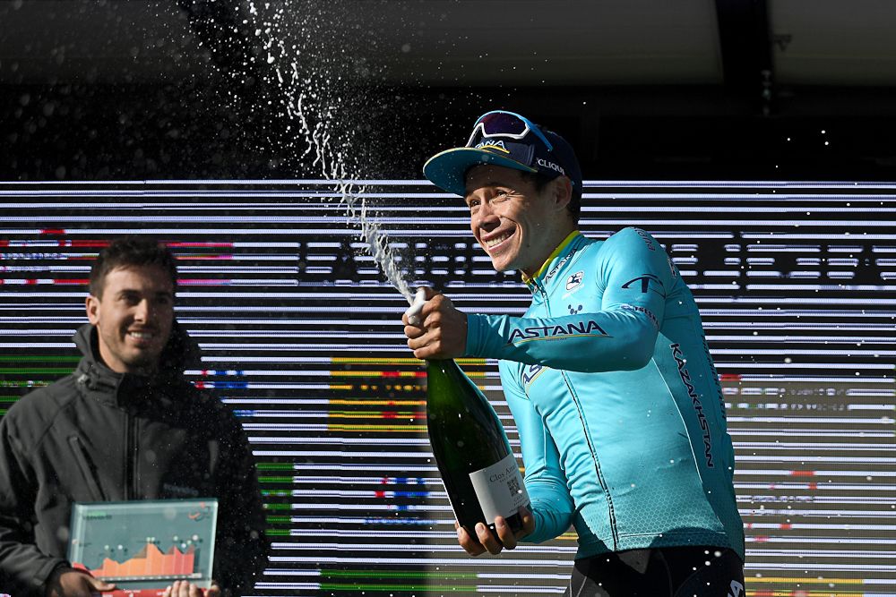 Miguel Angel Lopez celebrates his stage 4 win in Catalunya