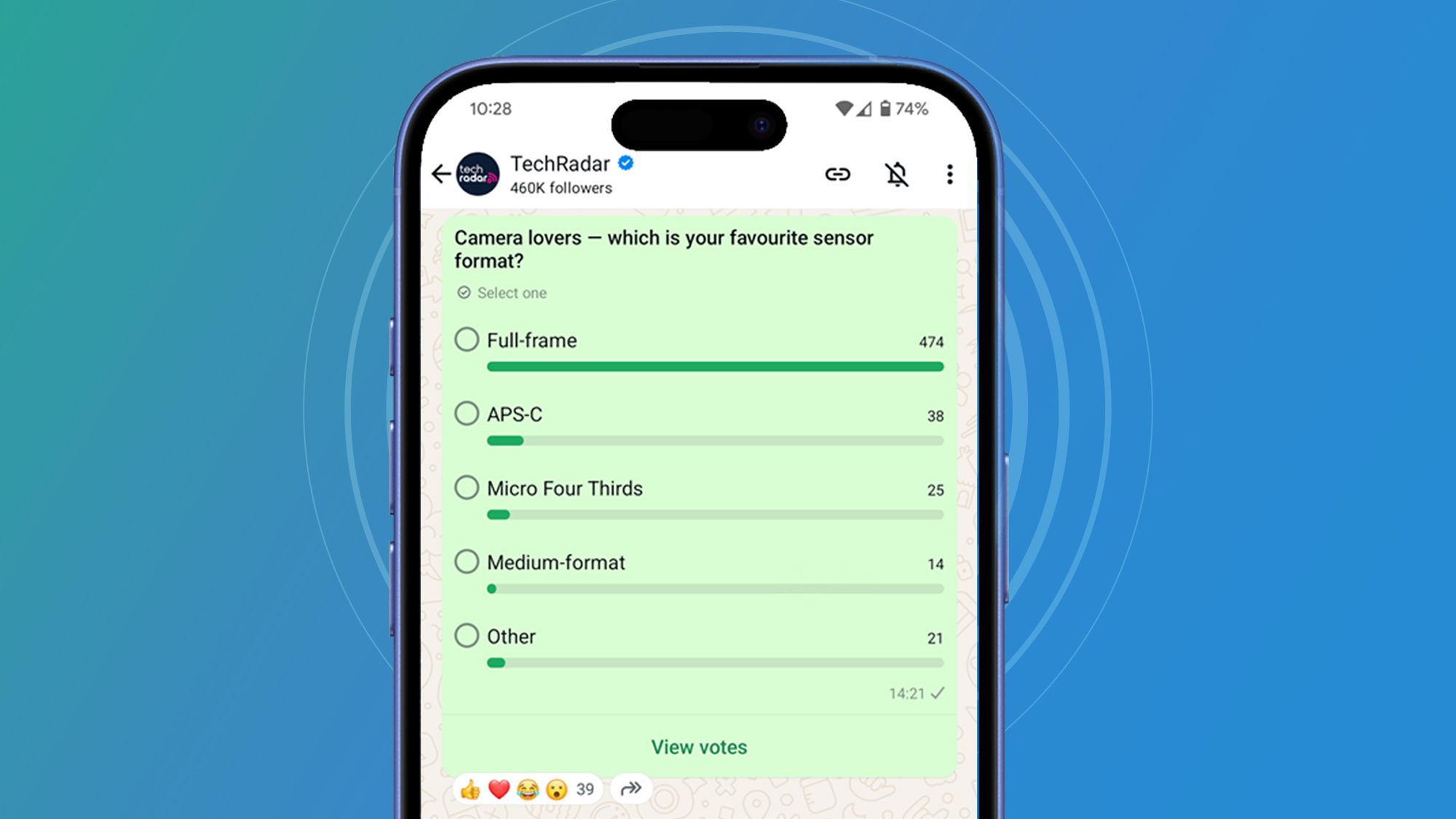 Screenshot of WhatsApp poll about sensor sizes, with full-frame receiving the most votes by a huge margin