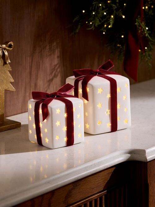 Set of 2 Red Light Up Ceramic Present Ornaments - Size One