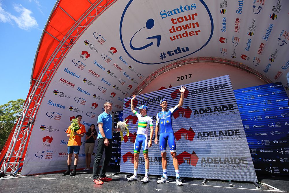 Cam Meyer and Jack Bauer on the stage 4 podium at the Tour Down Under