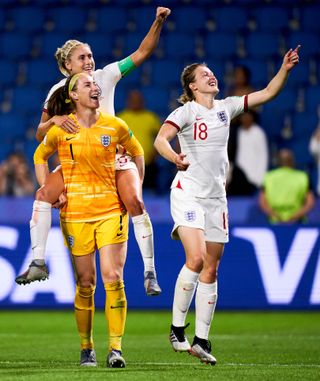 Karen Bardsley celebrates victory in the World Cup quarter-finals with Steph Houghton and Ellen White