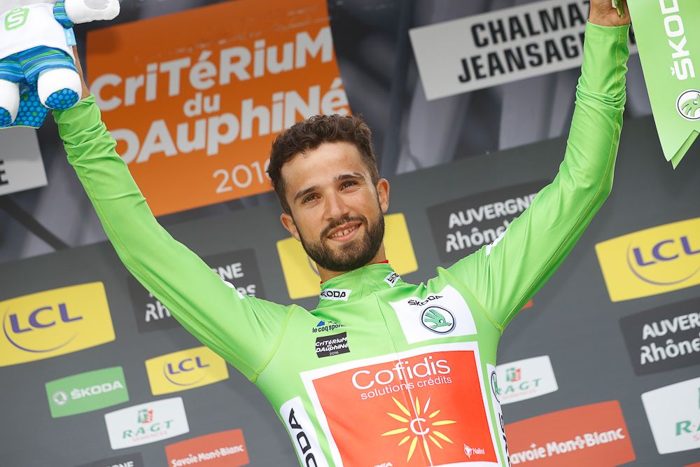 Nacer Bouhanni in the green jersey after stage 2 at the Criterium du Dauphine