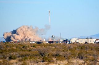 Blue Origin's New Shepard rocket lifts off from Launch Site One in West Texas with Laura Shepard Churchley and five crewmates on Dec. 11, 2021.