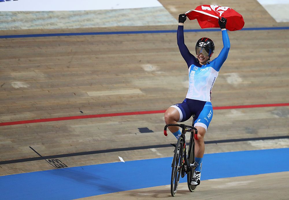 Lee Wai Sze of Hong Kong celebrates winning the gold medal in the Women's Keirin Final on day five of the UCI Track Cycling World Championships