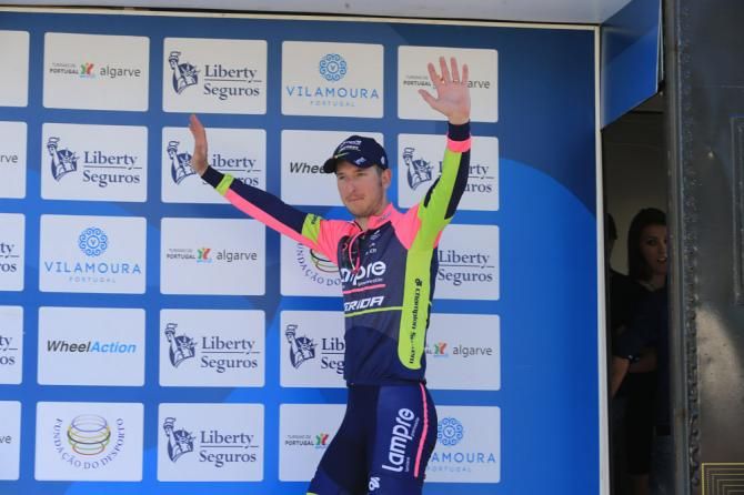 Sacha Modolo (Lampre-Merida) steps to the stage after winning stage 1 at Volta ao Algarve