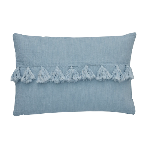 Blue fringed cushion