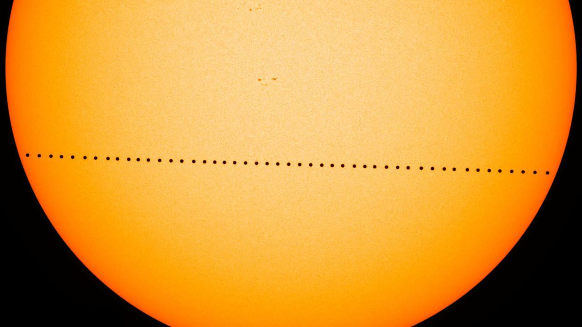 Mercury&#039;s transit across the sun in 2016 took 7 and a half hours. This composite image of the journey was created with visible-light images from instruments on NASA&#039;s Solar Dynamics Observatory.