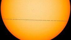 Mercury's transit across the sun in 2016 took 7 and a half hours. This composite image of the journey was created with visible-light images from instruments on NASA's Solar Dynamics Observatory.