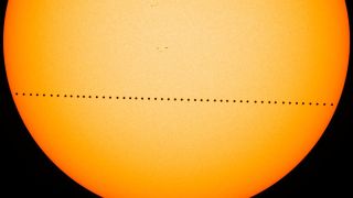 Mercury's transit across the sun in 2016 took 7 and a half hours. This composite image of the journey was created with visible-light images from instruments on NASA's Solar Dynamics Observatory.