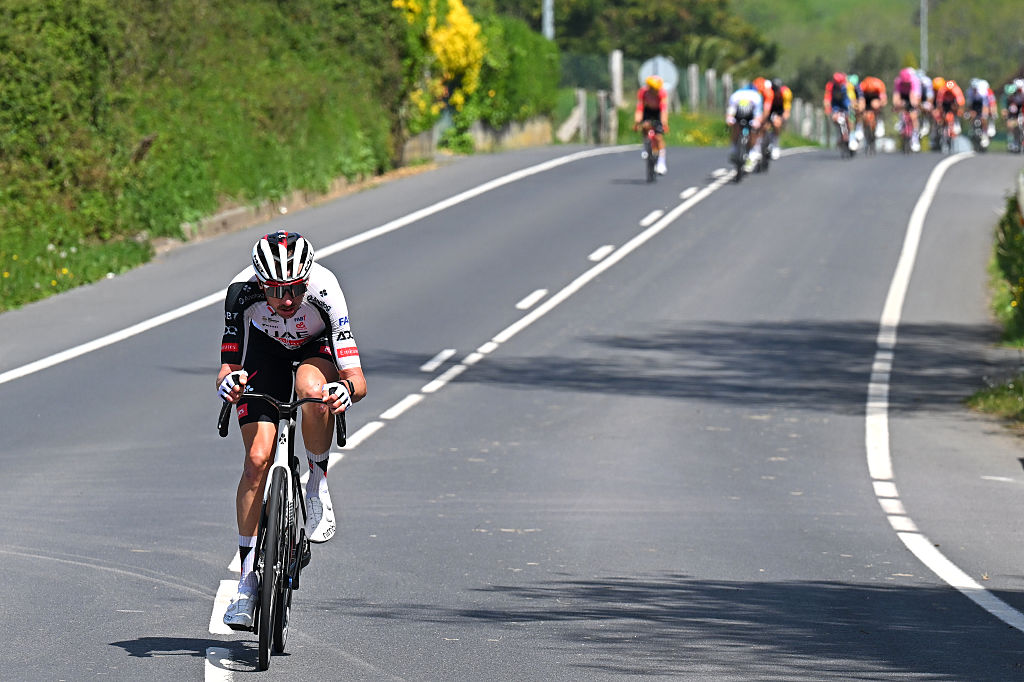 GALDAKAO, SPAIN - APRIL 09: Brandon McNulty of United States and UAE Team Emirates - XRG attacks during the 65th Itzulia Basque Country 2026, Stage 4 a 167.2km stage from Galdakao to Galdakao on / #UCIWT / April 09, 2026 in  Galdakao, Spain. (Photo by Tim de Waele/Getty Images)