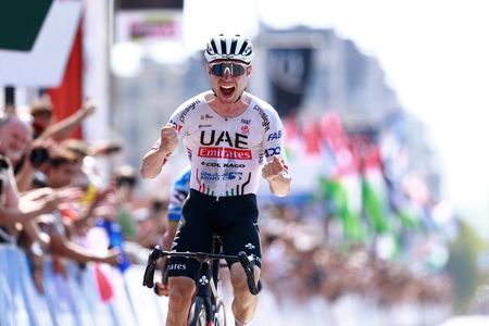 SAN SEBASTIAN SPAIN AUGUST 10 Marc Hirschi of Switzerland and UAE Team Emirates celebrates at finish line as race winner during the 44th Donostia San Sebastian Klasikoa 2024 a 236km one day race from San Sebastian to San Sebastian UCIWT on August 10 2024 in San Sebastian Spain Photo by Gonzalo Arroyo MorenoGetty Images