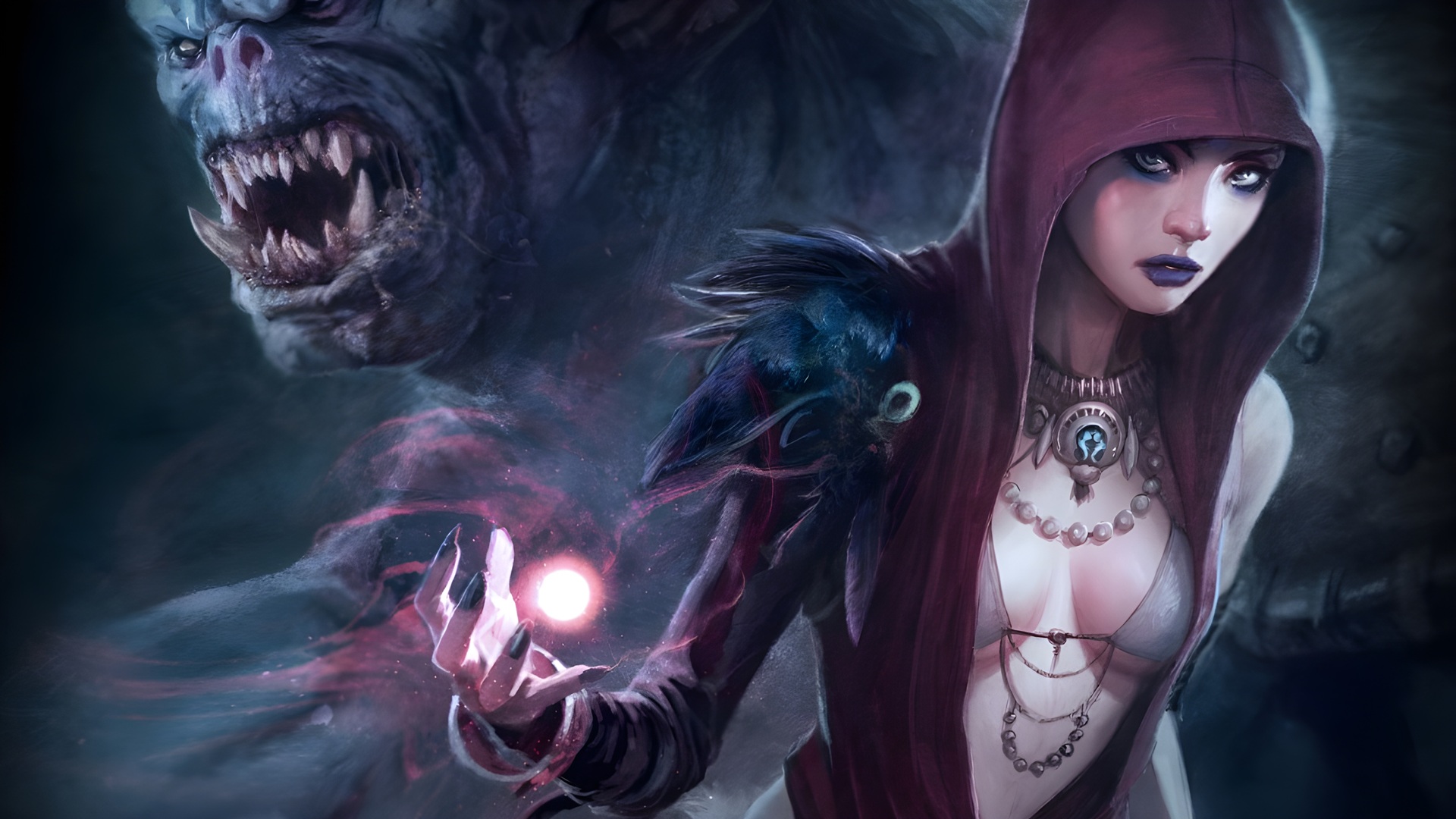 Dragon Age Morrigan holding magic ball while ogre snarls in background.