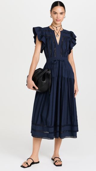 Navy Emery Dress With Flutter Sleeves