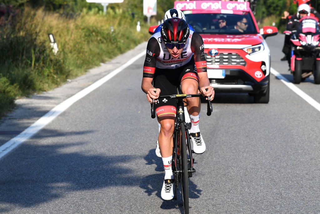 BERGAMO ITALY OCTOBER 09 Tadej Pogacar of Slovenia and UAE Team Emirates competes in the breakaway during the 115th Il Lombardia 2021 a 239km race from Como to Bergamo ilombardia UCIWT on October 09 2021 in Bergamo Italy Photo by Tim de WaeleGetty Images