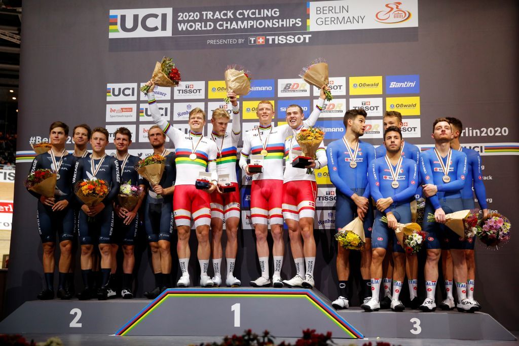 LtoR Second placed New Zealands team with Corbin StrongCampbell Stewart Aaron Gate Regan Gough and Jordan Kerby winners Denmarks Lasse Norman Hansen Julius Johansen Frederik Rodenberg Madsen and Rasmus Pedersen and third placed Italys team with Italys Davide Plebani Michele Scartezzini Simone Consonni Filippo Ganna Francesco Lamon pose on the podium after the mens Team Pursuit Finals at the UCI track cycling World Championship at the velodrome in Berlin on February 27 2020 Photo by Odd ANDERSEN AFP Photo by ODD ANDERSENAFP via Getty Images