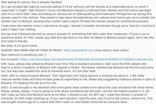 Zein's post on Reddit, asking readers to stop attacking Blizzard.