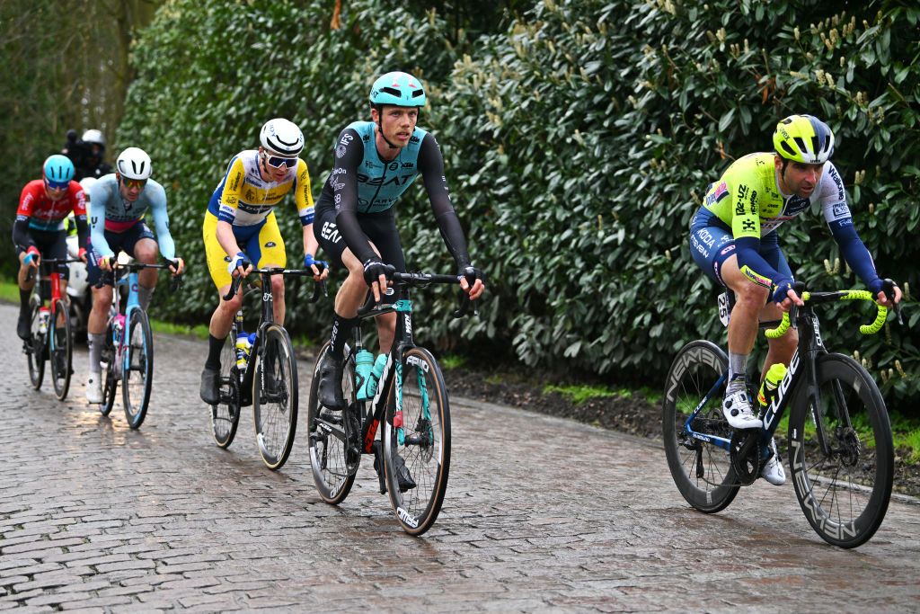 SCHOTEN BELGIUM APRIL 03 LR Stijn Appel of The Netherlands and Team BEAT Cycling Club and Baptiste Planckaert of Belgium and Team Intermarche Wanty compete in the breakaway during the 112th Scheldeprijs 2024 Mens Elite a 2053km one day race from Terneuzen to Schoten on April 03 2024 in Schoten Belgium Photo by Luc ClaessenGetty Images