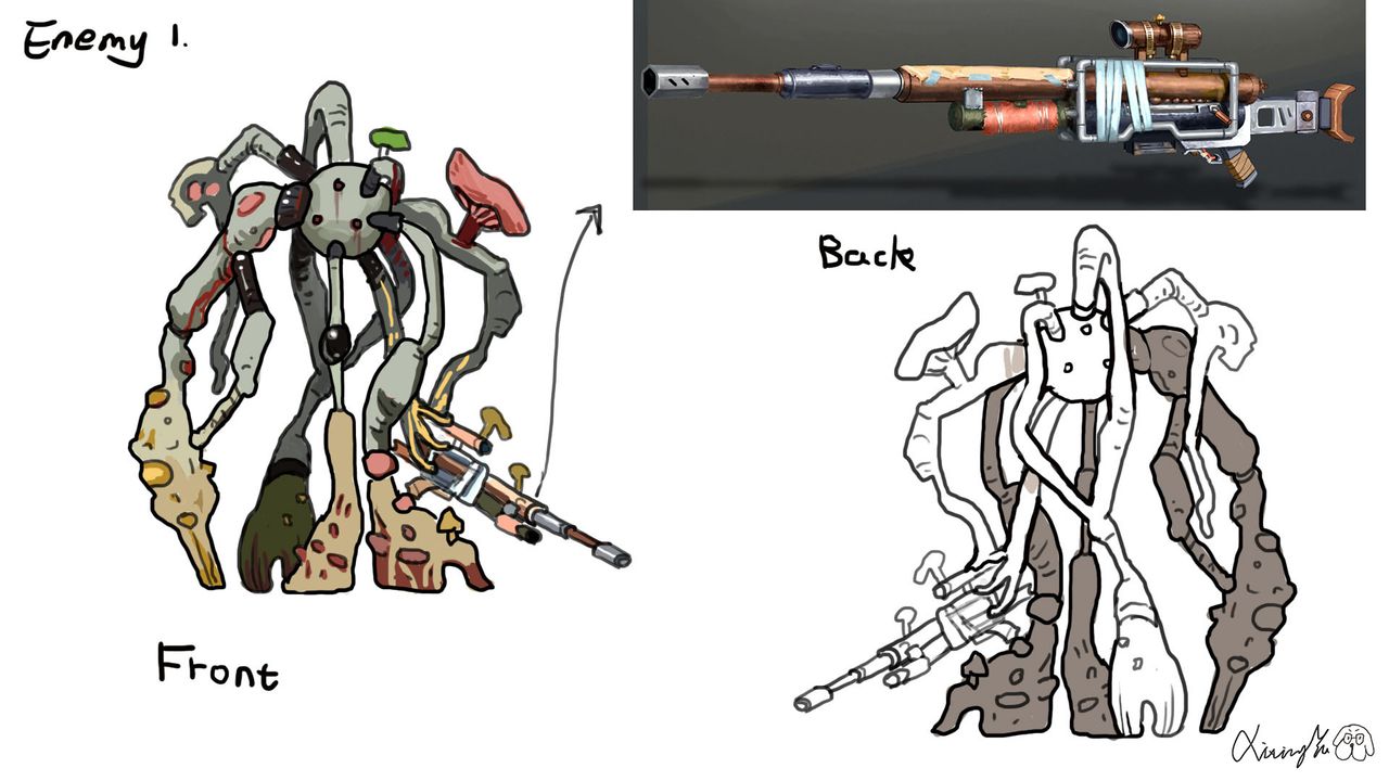 Concept art and screenshots from sci-fi shooter Mycopunk