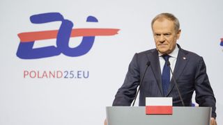 Poland's Prime Minister Donald Tusk attend a joint press conference with the European Commission President after a meeting of the College of Commissioners with members of the Polish government in Gdansk, Poland on February 7, 2025.