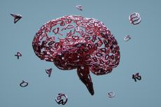 abstract symbols floating around and forming brain against grey background.