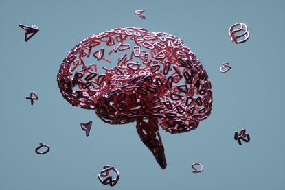 abstract symbols floating around and forming brain against grey background.