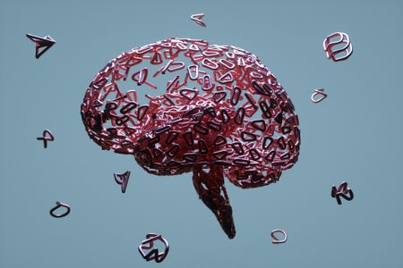 abstract symbols floating around and forming brain against grey background.