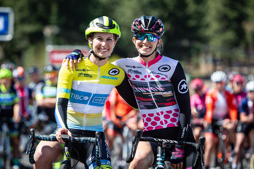 Sisters Alexis Ryan of The United States and CANYON//SRAM Racing and Kendall Ryan of The United States and Team TIBCO-Silicon Valley Bank on the start line of stage 2 of the Amgen Tour of California Women's Race