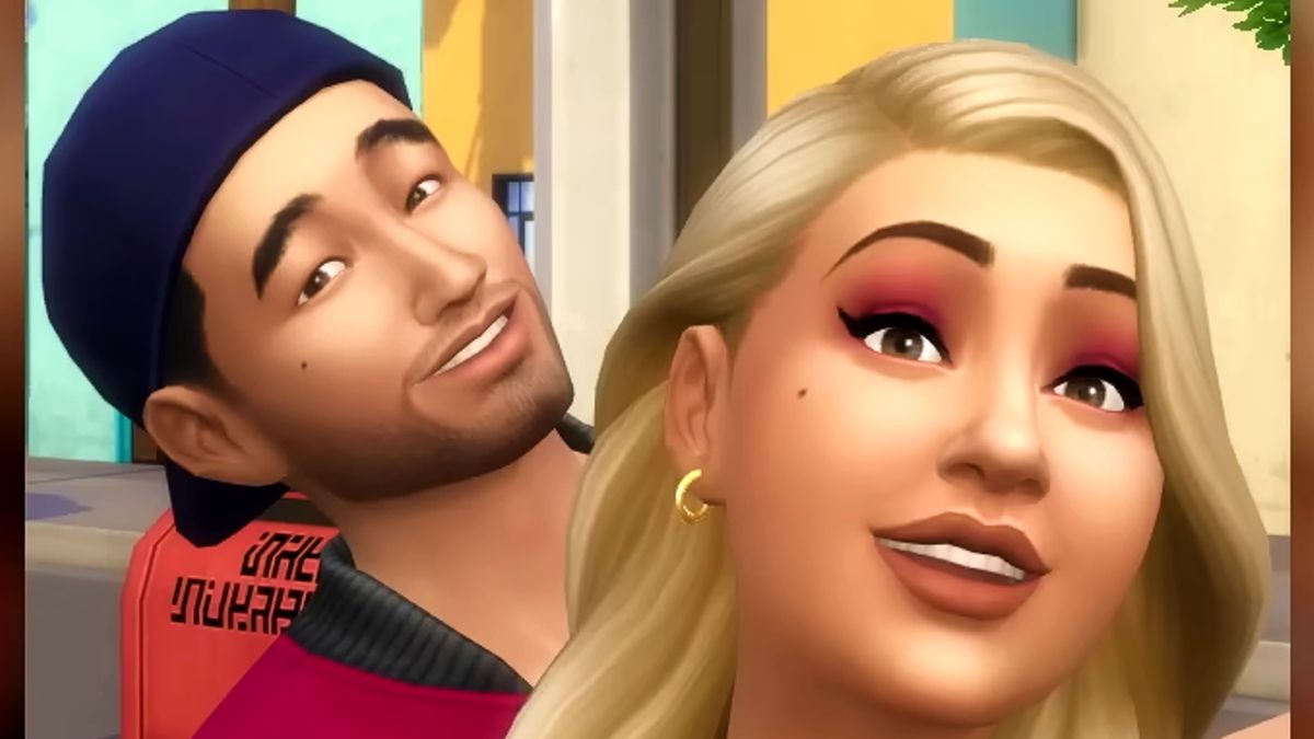 The Sims 4 Lovestruck gameplay trailer showing a colorful close-up selfie of two Sims, one male and one female, smiling together