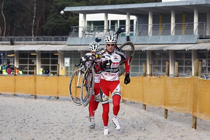 Klaas Vantornout (Sunweb-Napoleon Games) runs a sand section at the 'cross nationals venue in Mol.